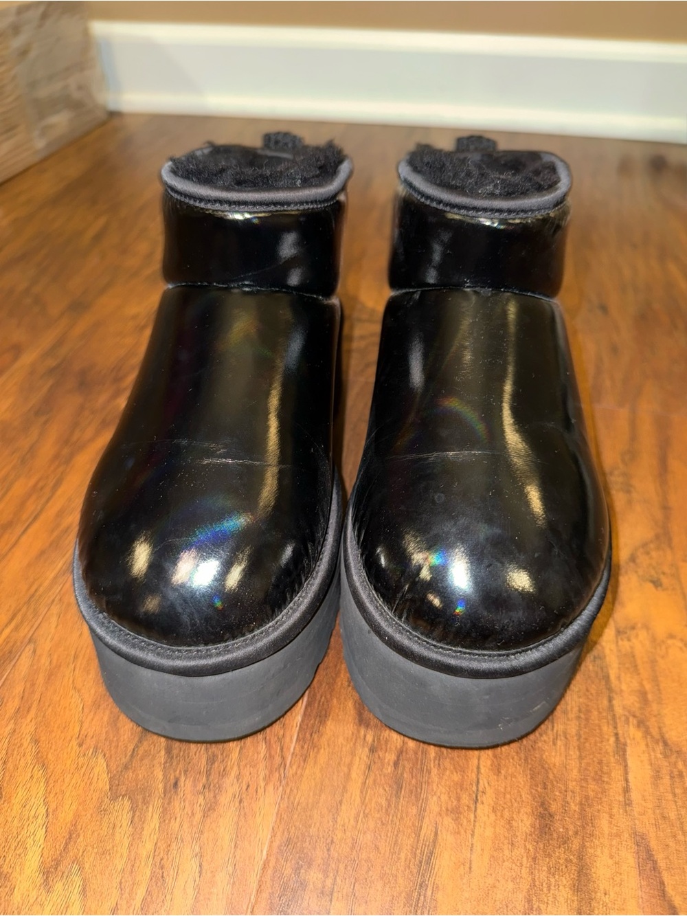 UGG Black Patent Platform Mules with Shearling Trim
